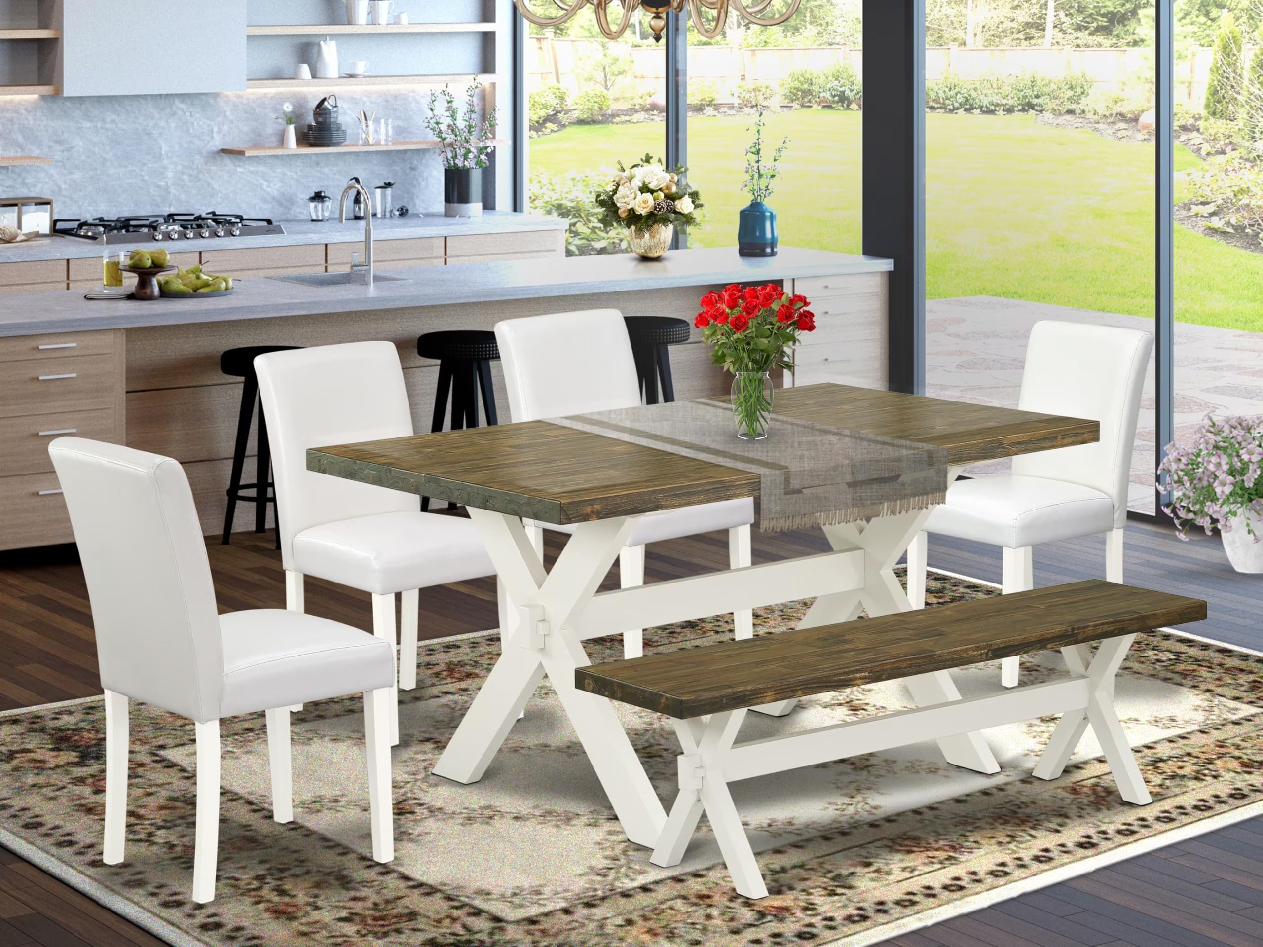 East West Furniture X076Ab264-6 6 Piece Dinette Set Contains A Rectangle Dining Room Table With X-Legs And 4 White Faux Leather Upholstered Chairs With A Bench, 36X60 Inch, Multi-Color